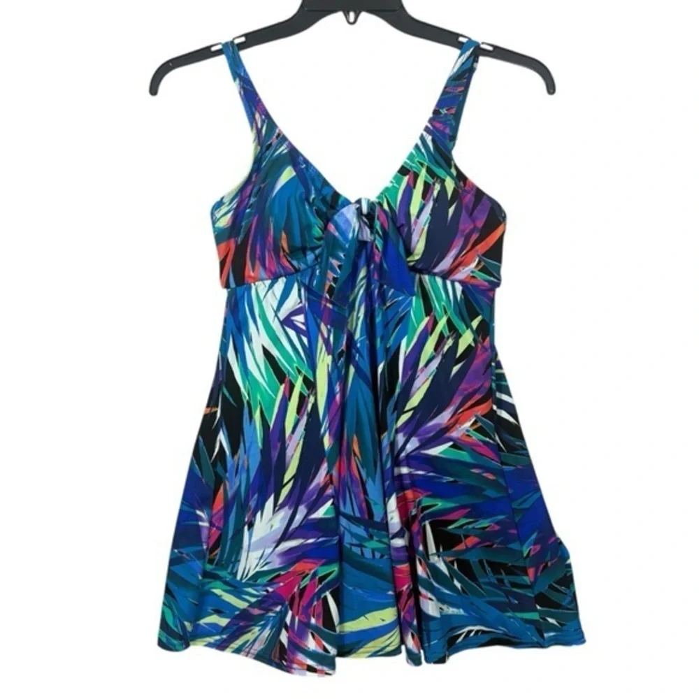 Swim Solutions NWT $112 Women's Printed Bow-Front Swim Dress 12 L - Picture 2 of 11